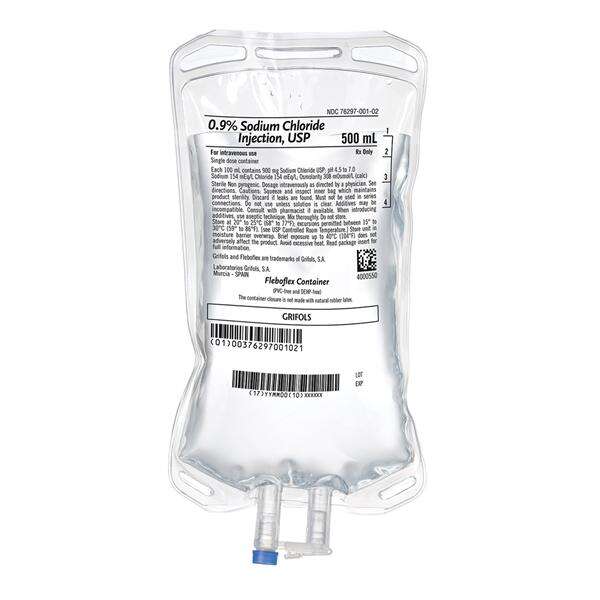 Sodium Chloride 0.9% IV Injection Solution 500mL Non-DEHP Sterile Bag Ea, 20 EA/CA